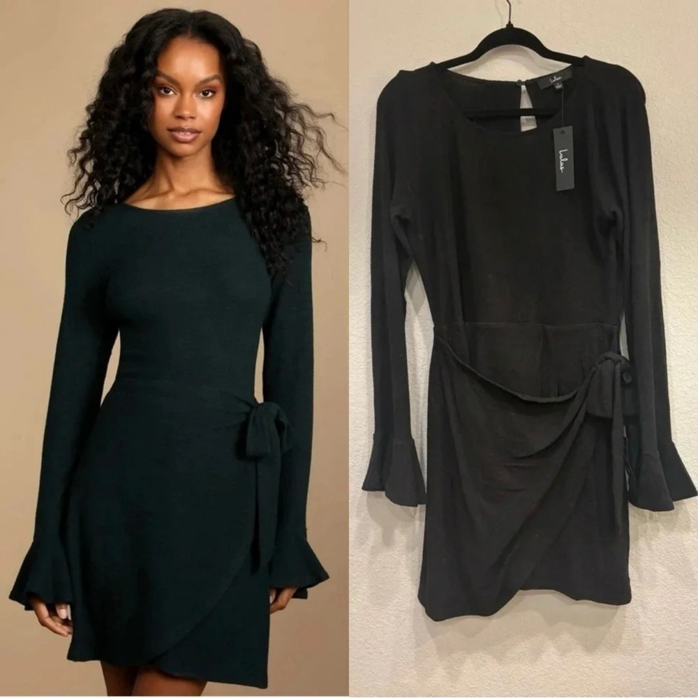 Sz L NWT Lulus Favorite Tune‎ Black Faux Wrap Sweater Dress